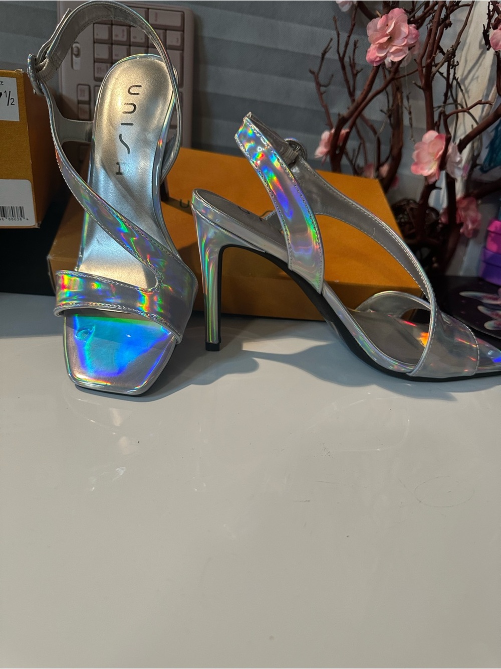 Unisa Iridescent Silver Holographic Slingback Heels